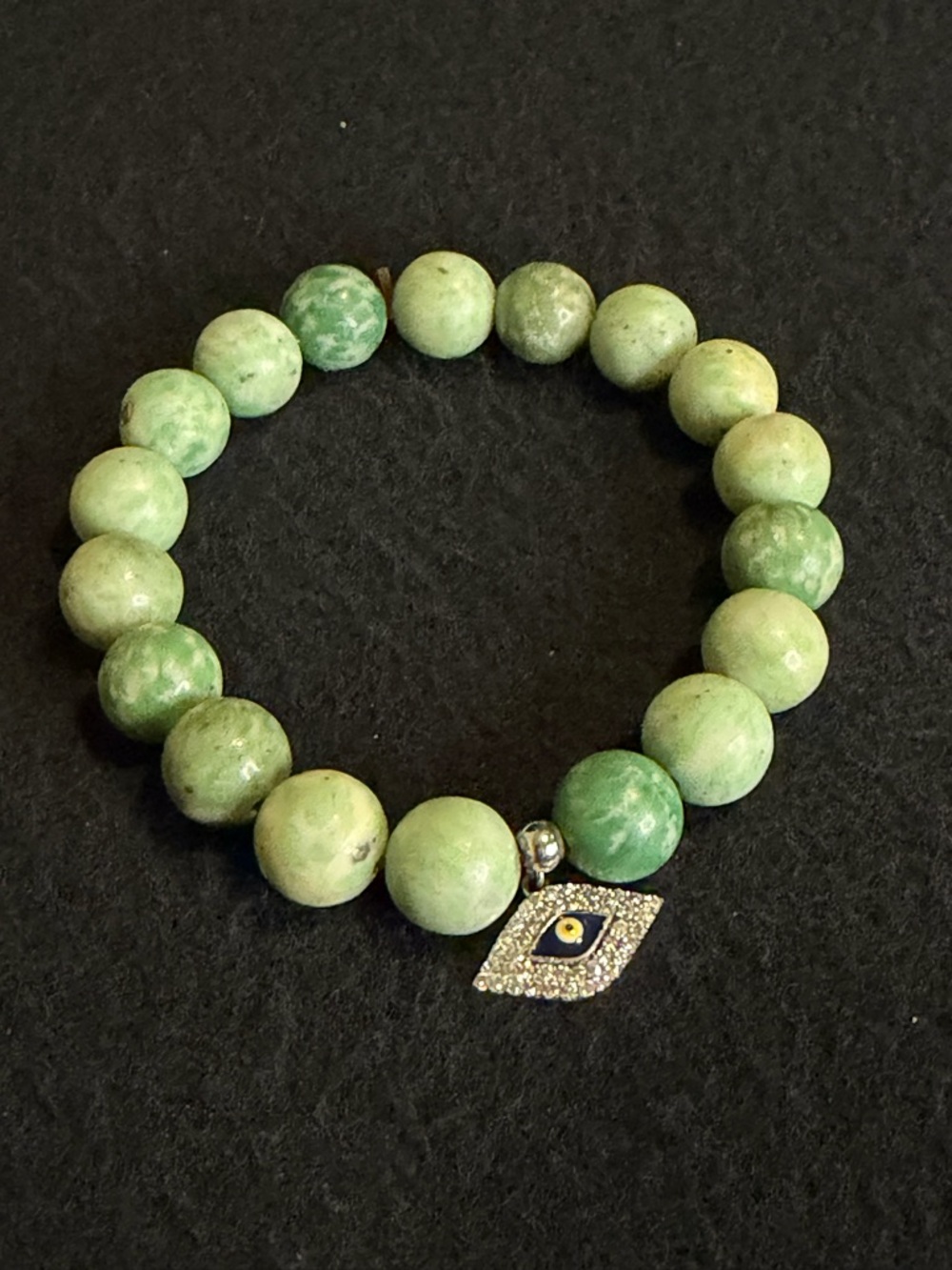 Green Jade Beaded Stretch Bracelet with Pavé Evil Eye 925 Silver Charm